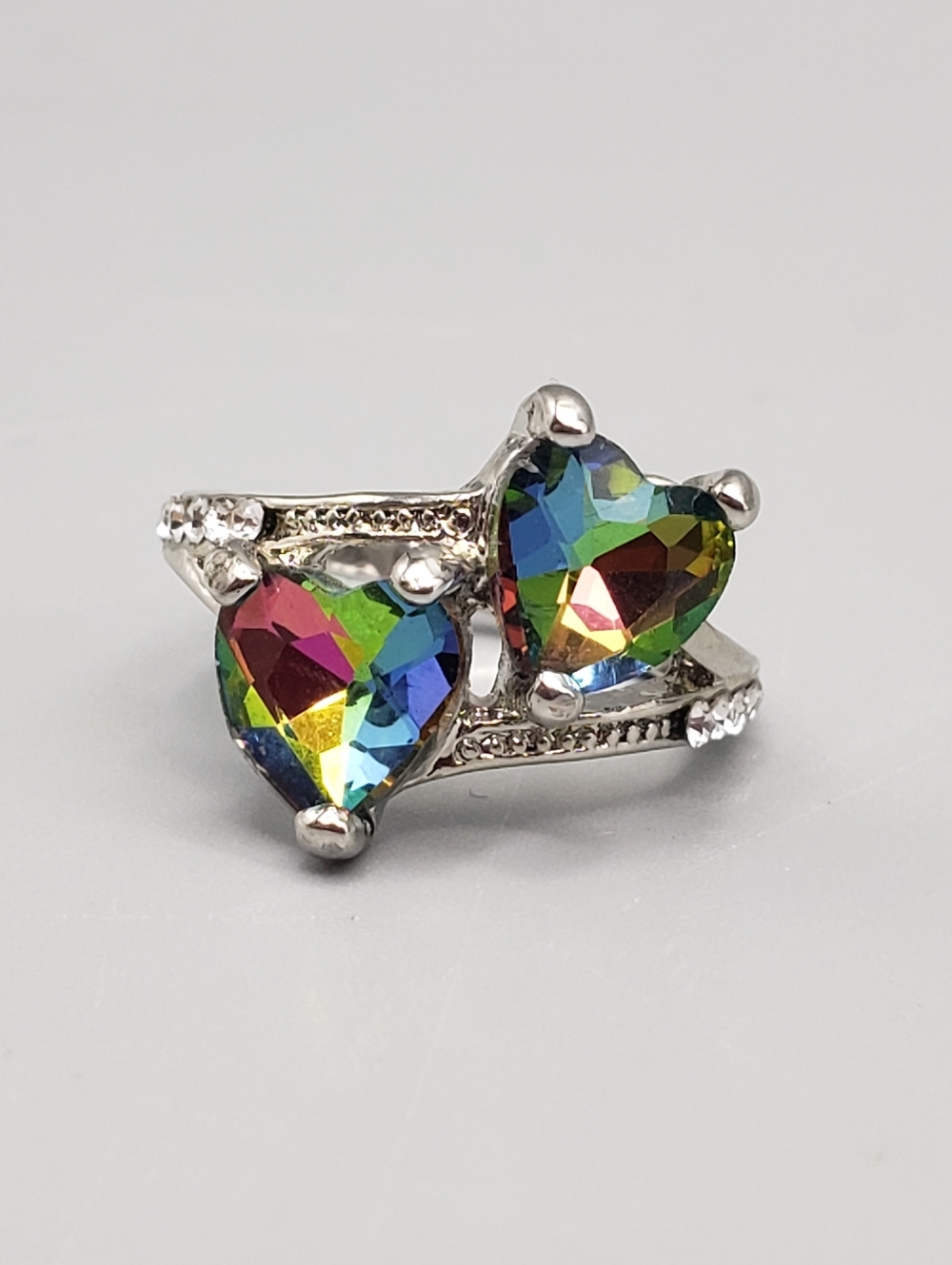 Mystic Heart Double-Stone Ring - Silver w/ Rainbow Aurora Stones 6.5